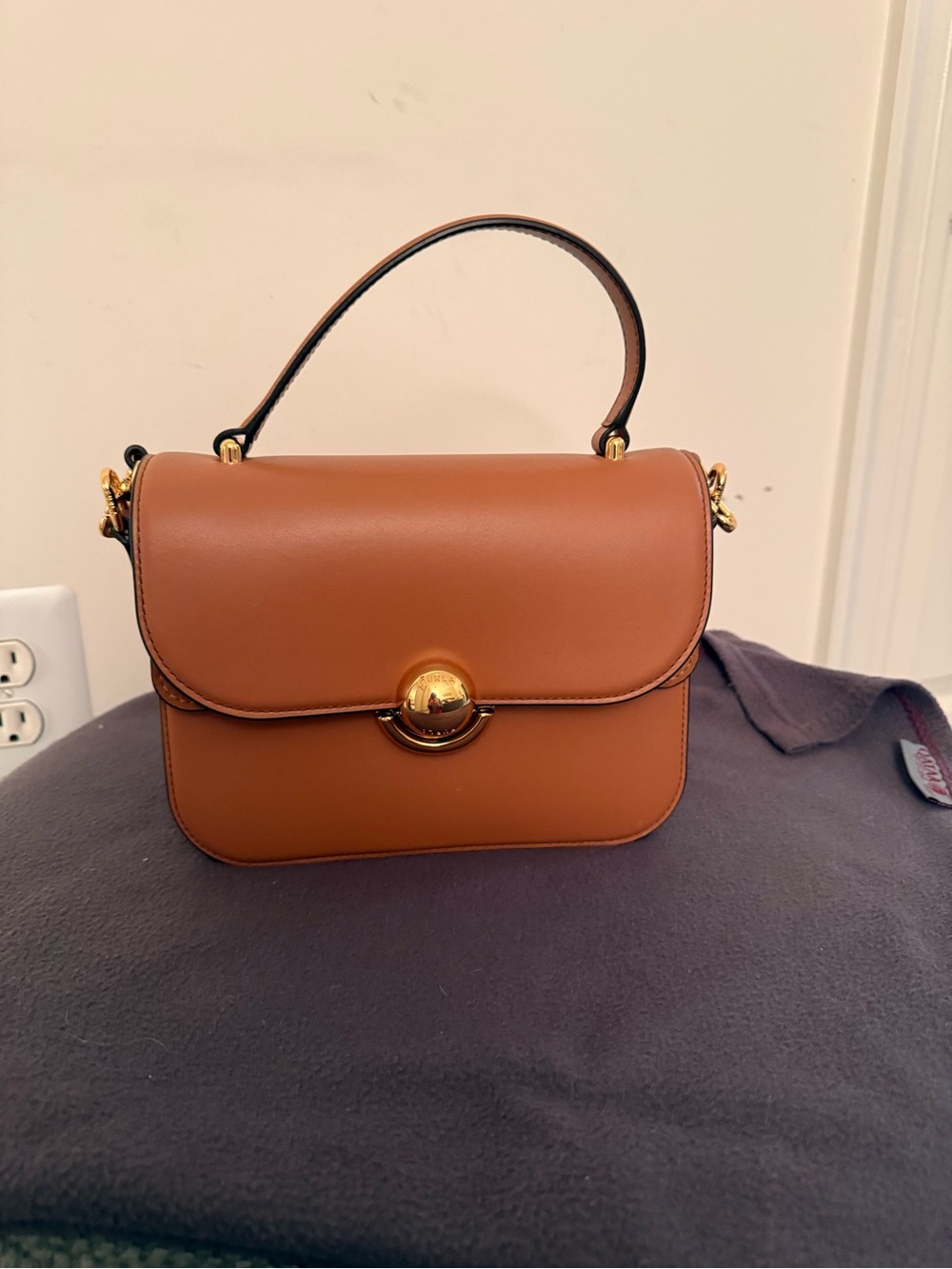 Furla Mini Top-Handle Bag in Cognac Brown with Gold Hardware